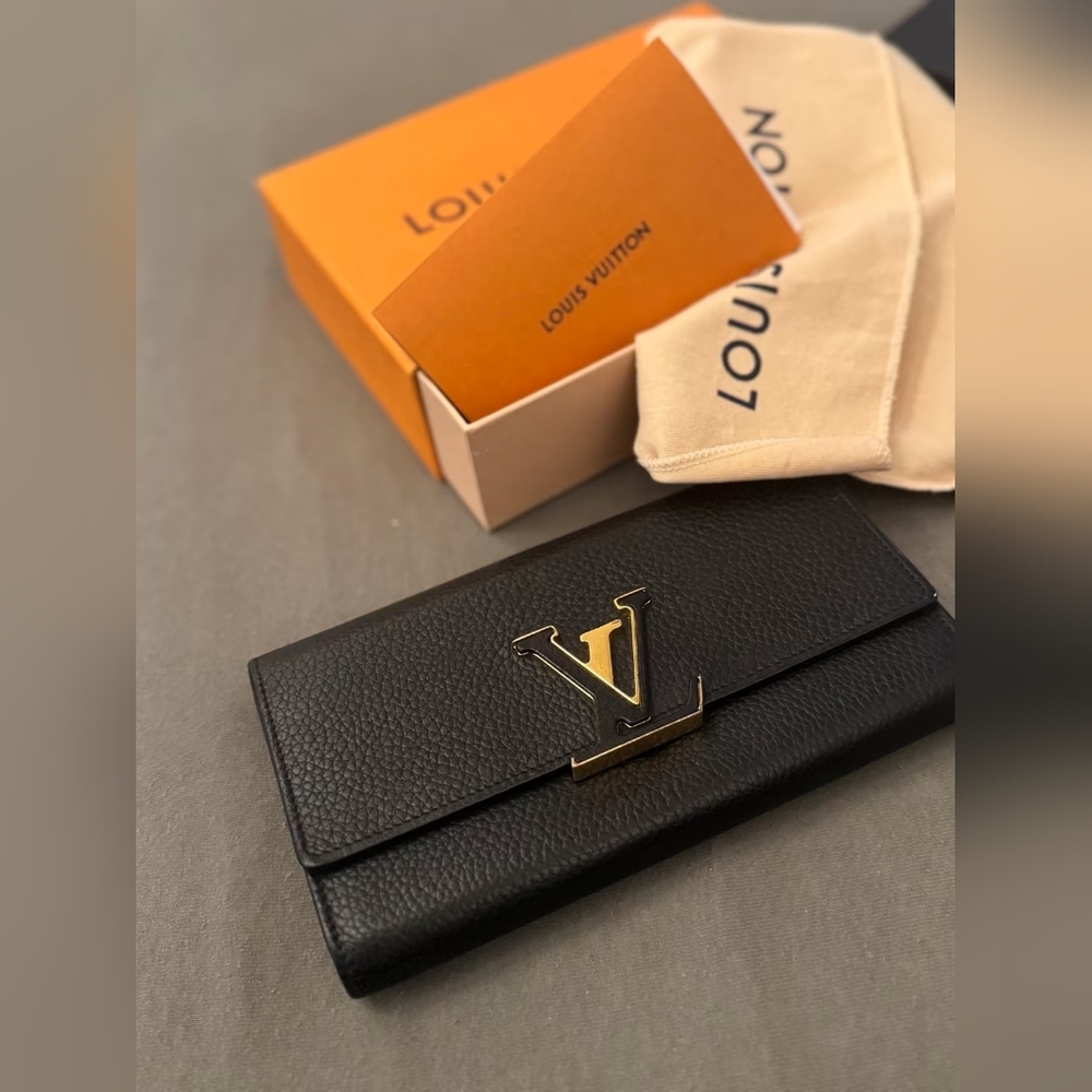 Louis Vuitton Black Grained Leather Long Wallet with Gold LV Clasp